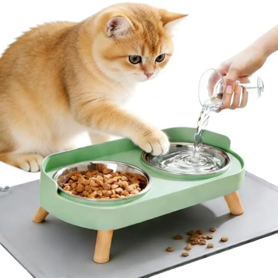 Elevated Cat Bowls With Food Mat Splash Proof Anti Vomit Set