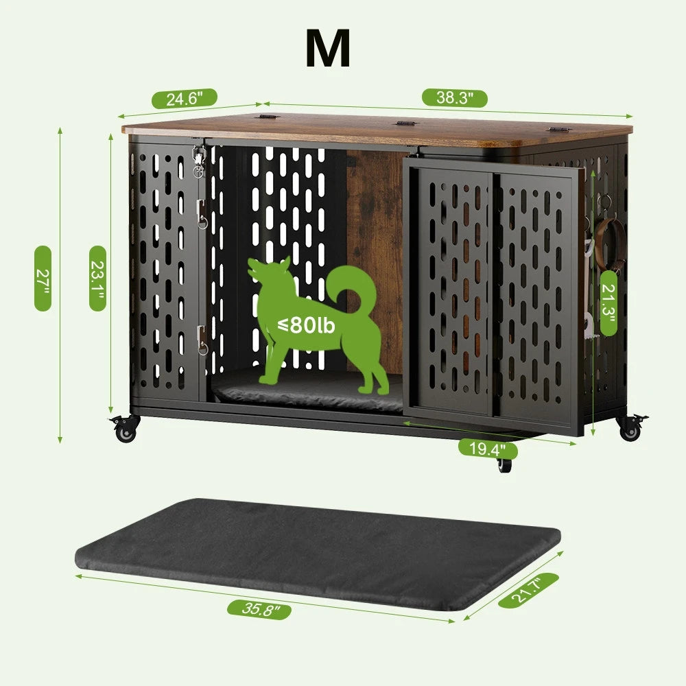 ONBRILL Wood Dog Crate Kennel With Cushion And Flexible Wheels