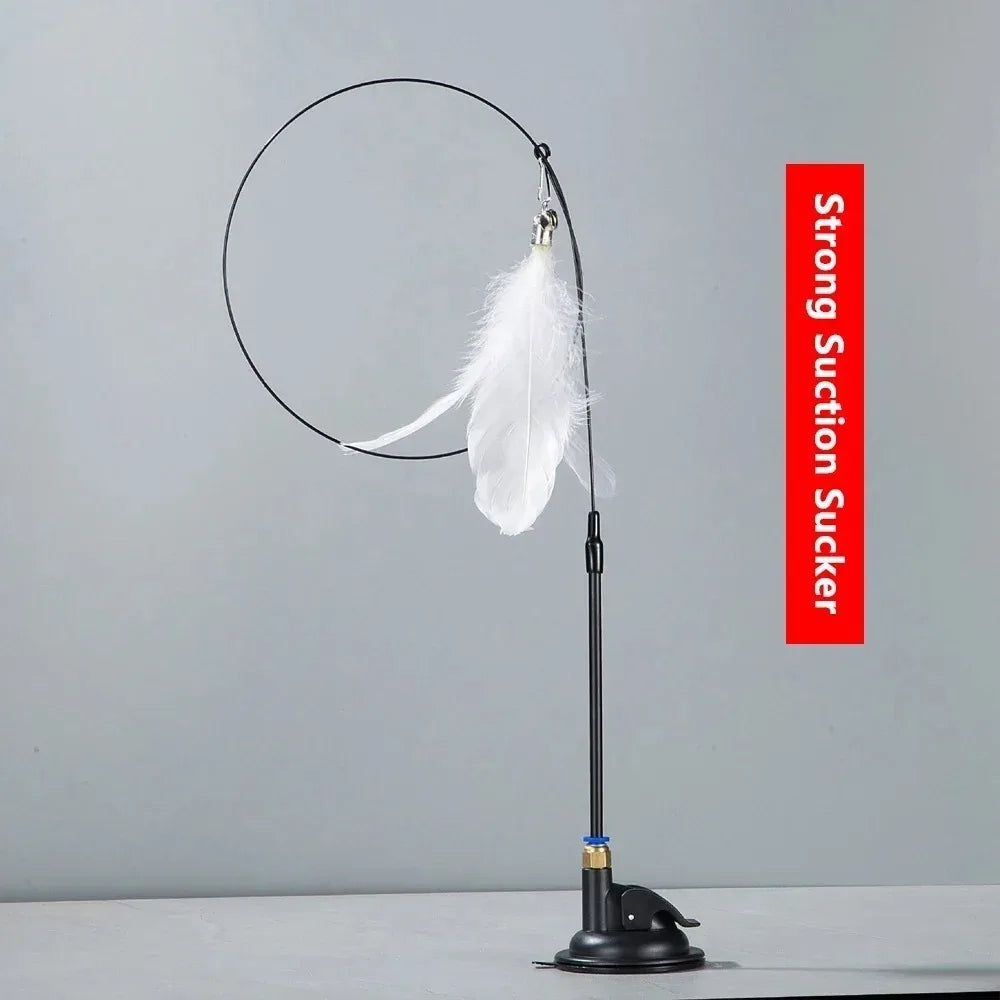 Cat Teaser Pole With Feather Bell Replaceable Head Suction Cup