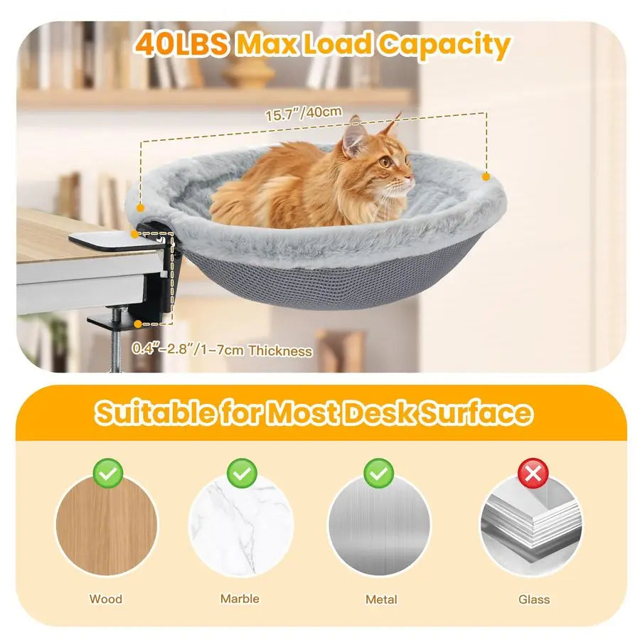 Cat Desk Bed Featuring Steel Clamp Foldable Side Table