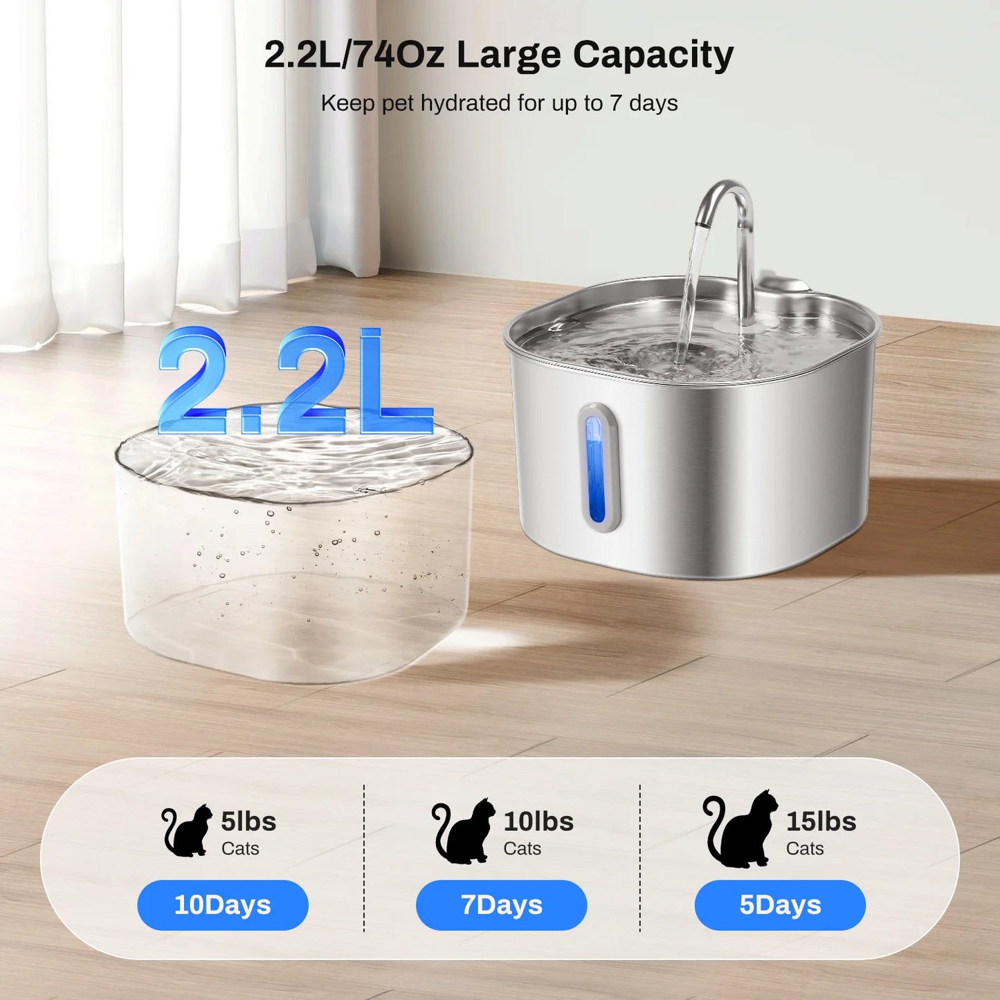 Stainless Steel Cat Water Fountain Ultra Quiet Filtration LED