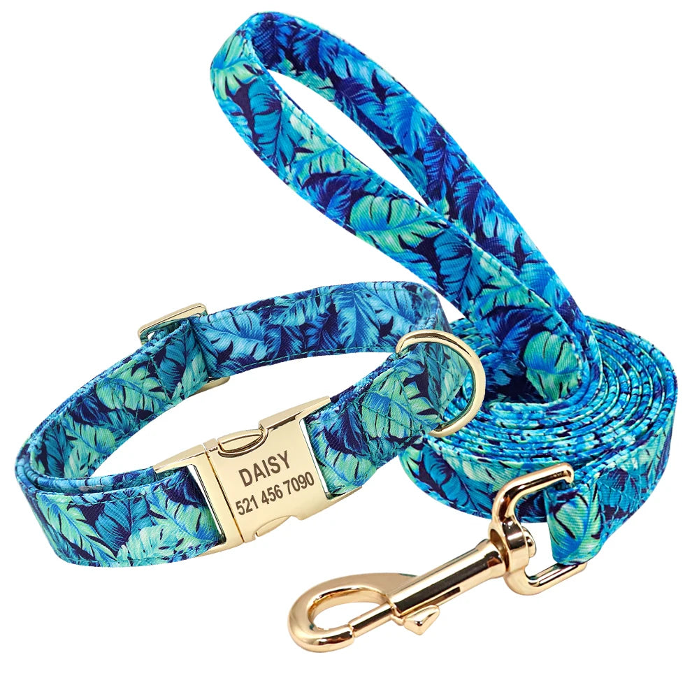 PET ARTIST Personalized Dog Collar Leash Set With Engraved Nameplate