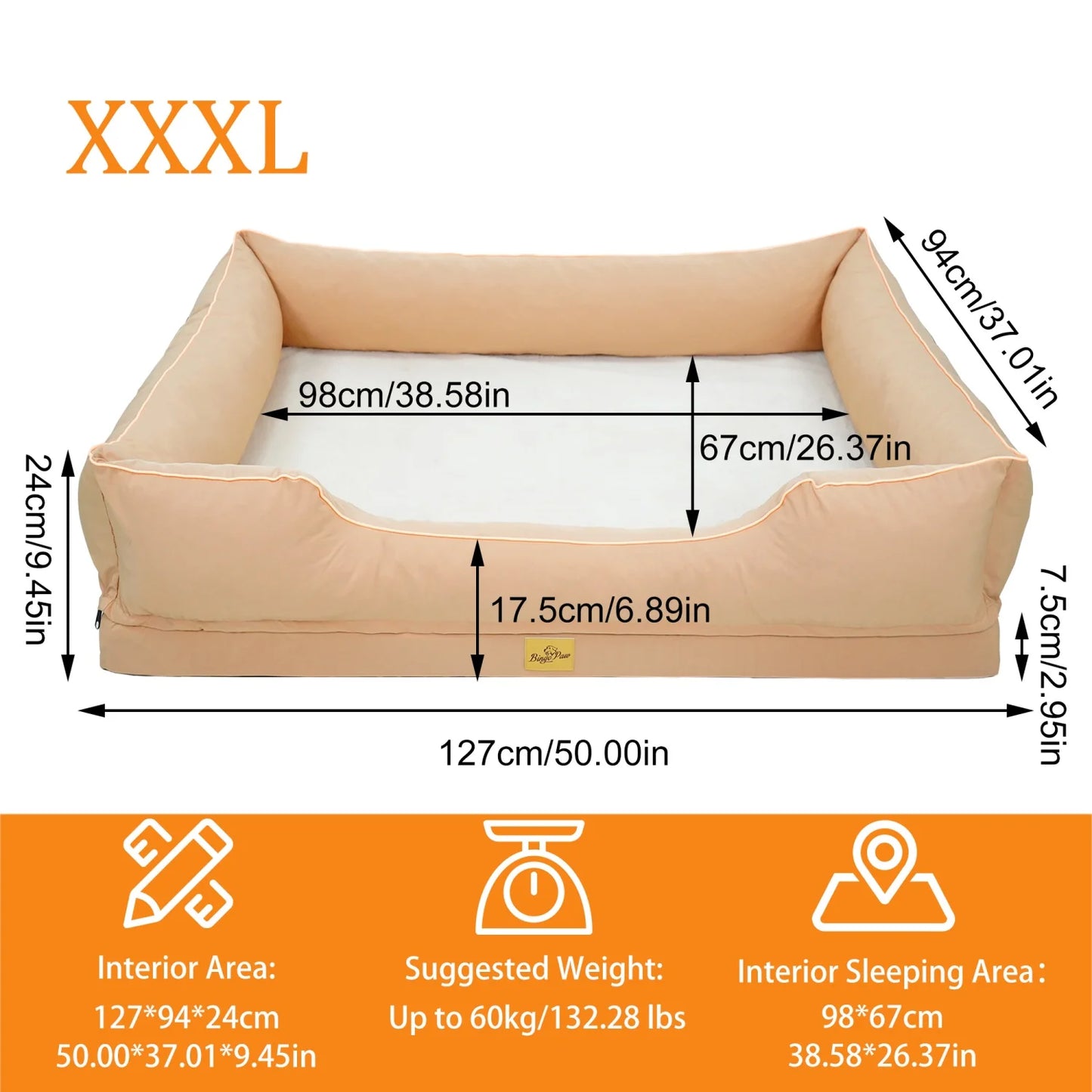 BINGOPAW Orthopedic Rectangular Dog Bed With Bolster And Washable Cover