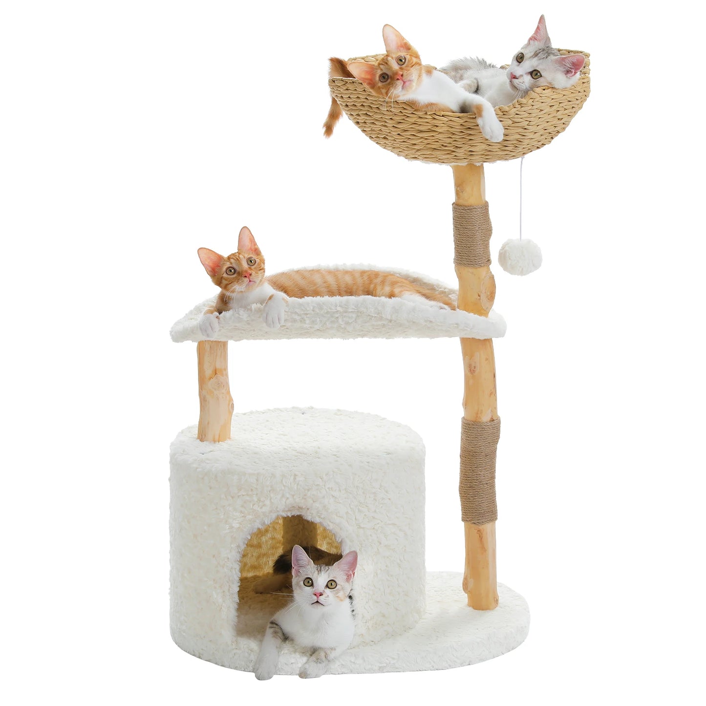 PAWZ Road Modern Cat Tree Tower With Solid Wood Scratching Posts Wicker Basket