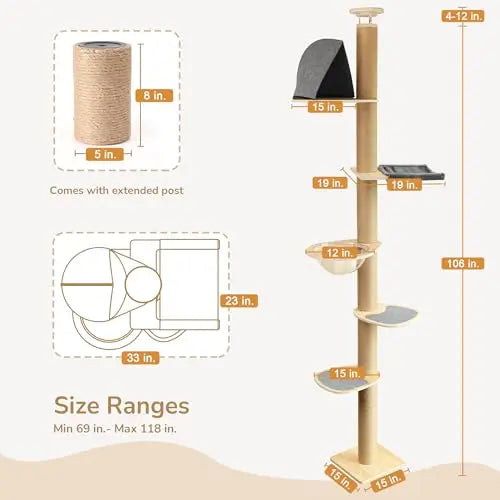 Modern Floor To Ceiling Cat Tower With Six Adjustable Tiers