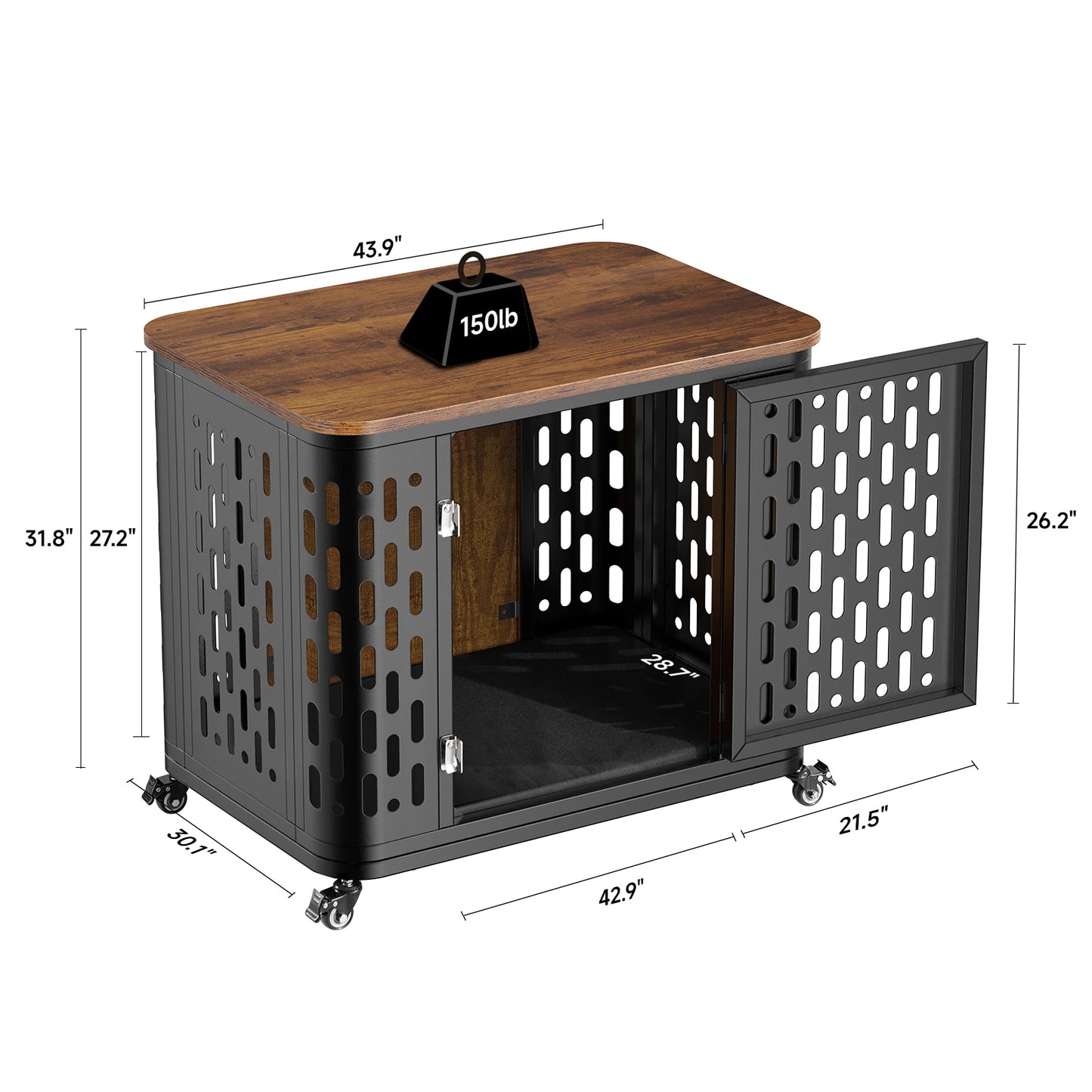 ONBRILL Wood Dog Crate Kennel With Cushion And Flexible Wheels