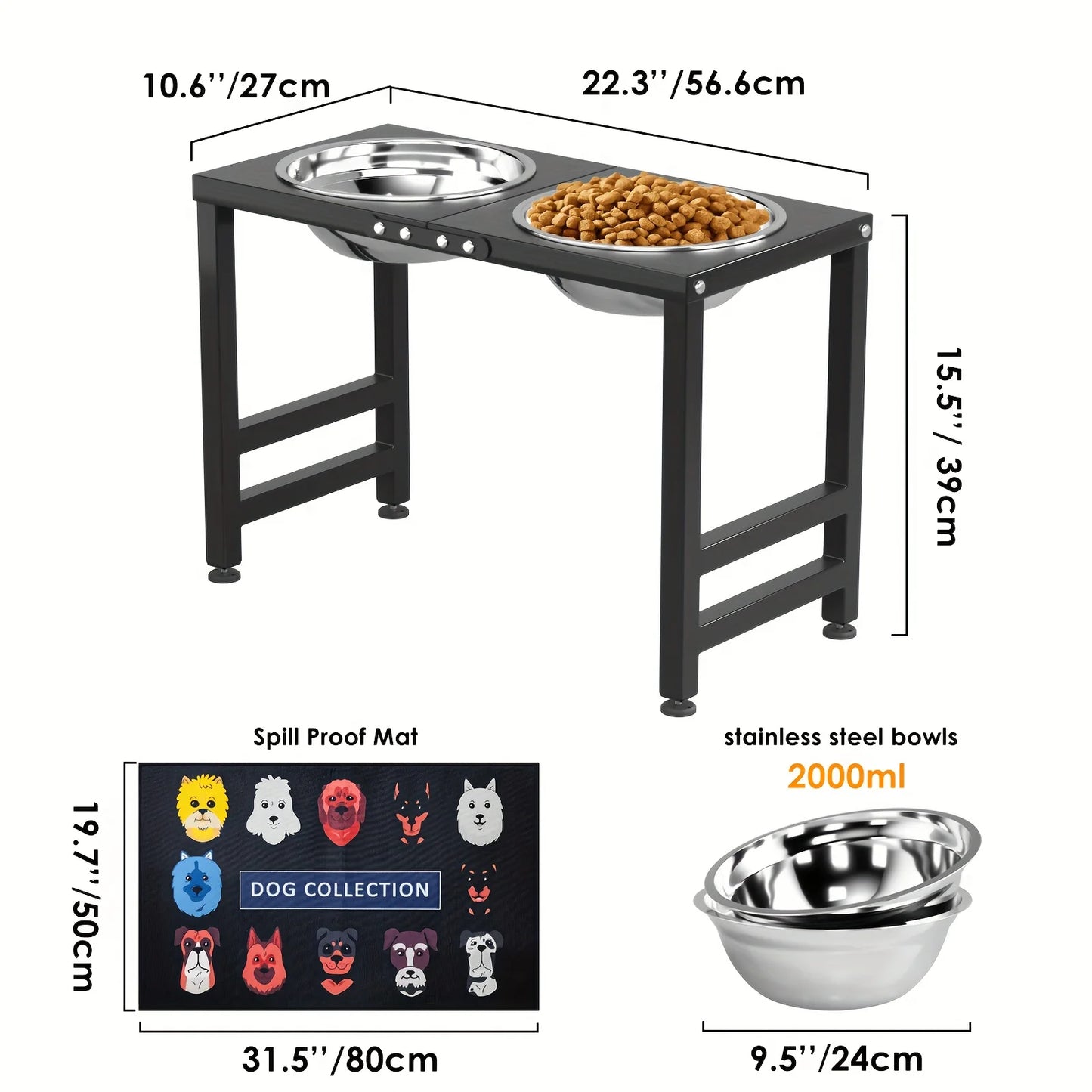 Elevated Dog Bowls For Large Dogs With Mat And Dual 3000ml Bowls