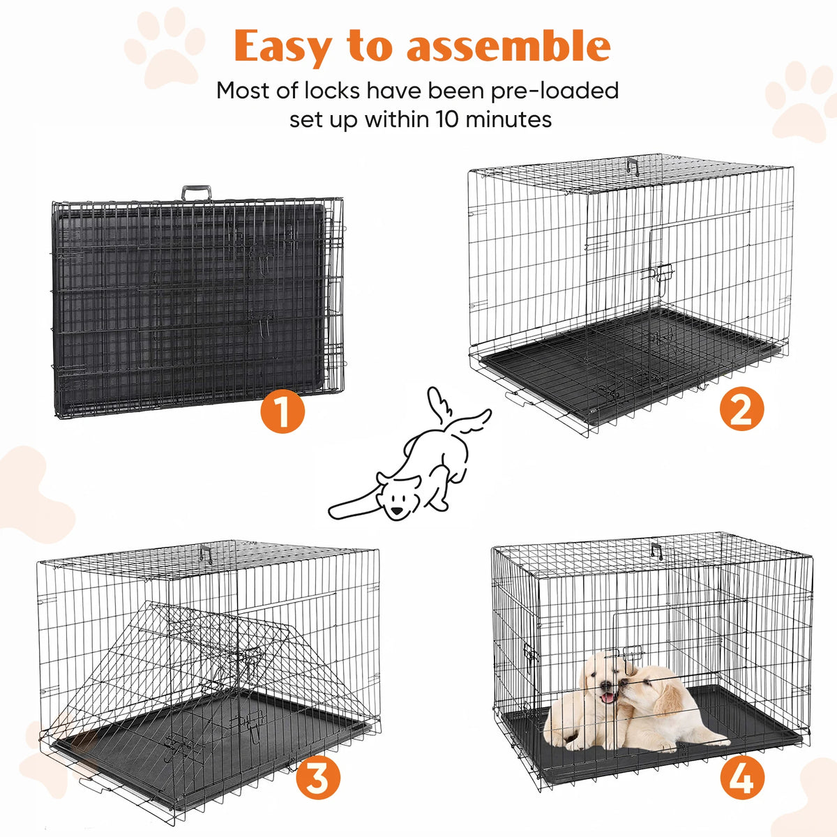 Jhk Foldable Metal Wire Dog Cage With Leakproof Pan Tray