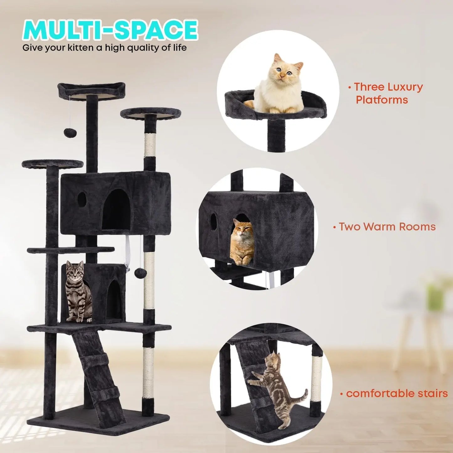 Cat Tree Tower With Plush Perches and Sisal Scratching Posts