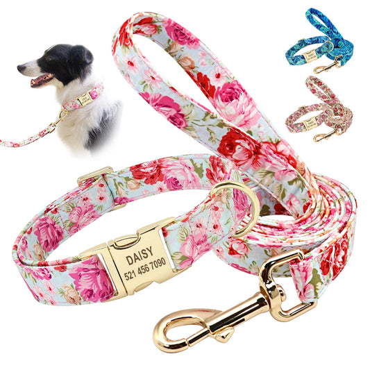 PET ARTIST Personalized Dog Collar Leash Set With Engraved Nameplate