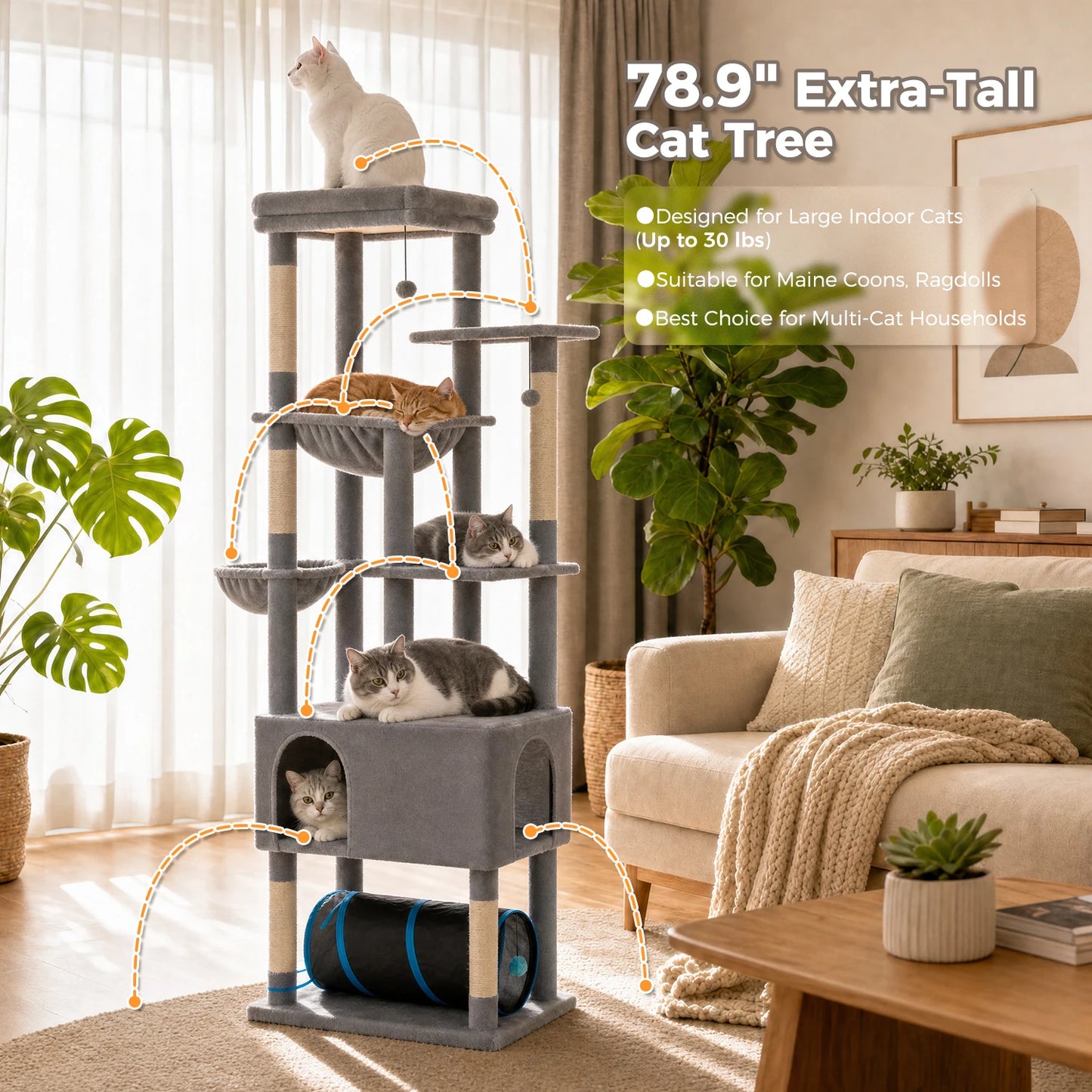 PAWZ Road Tall Cat Tree with Large Condo and Tunnels
