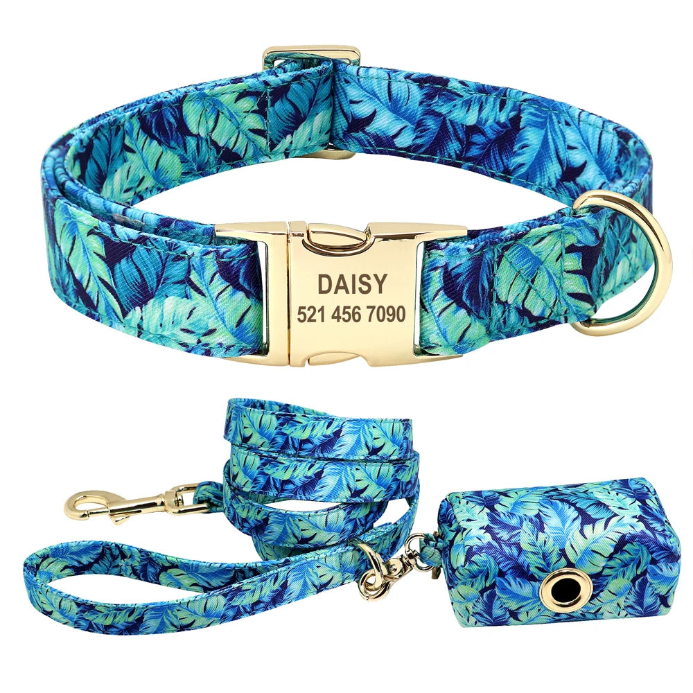 PET ARTIST Personalized Dog Collar Leash Set With Engraved Nameplate