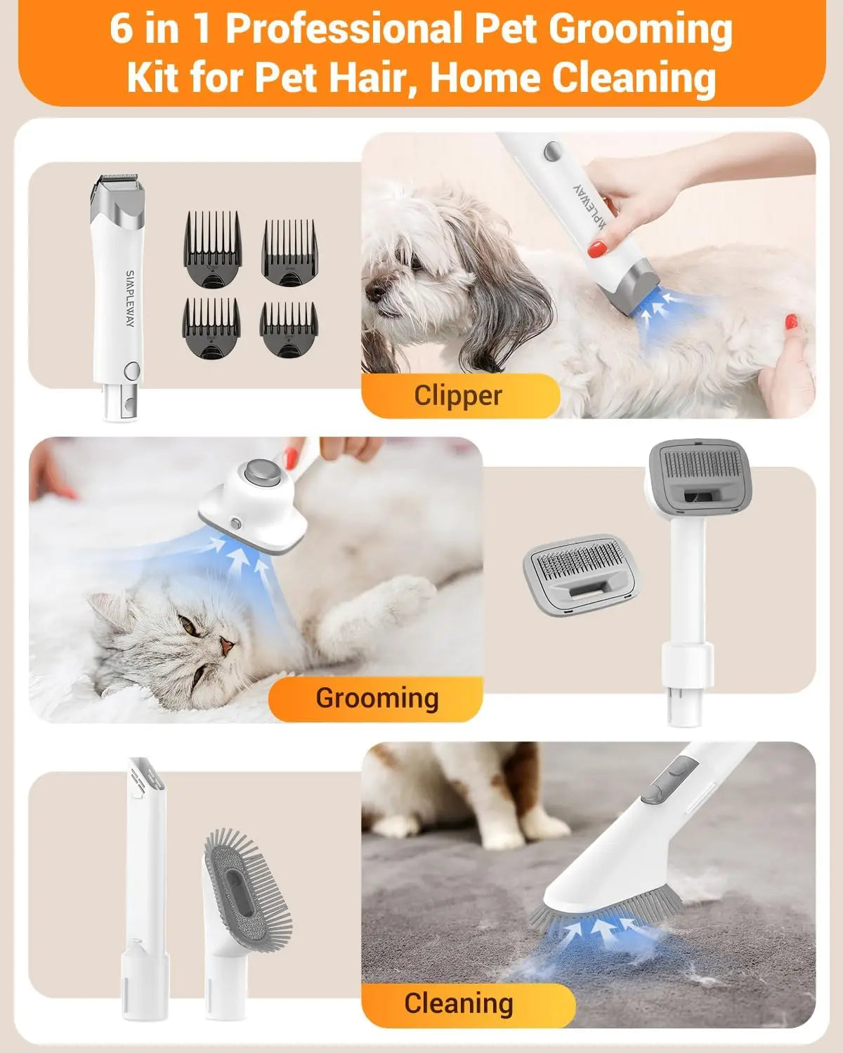 Pet Grooming Vacuum Kit With Quiet Deshedding Tool Attachments
