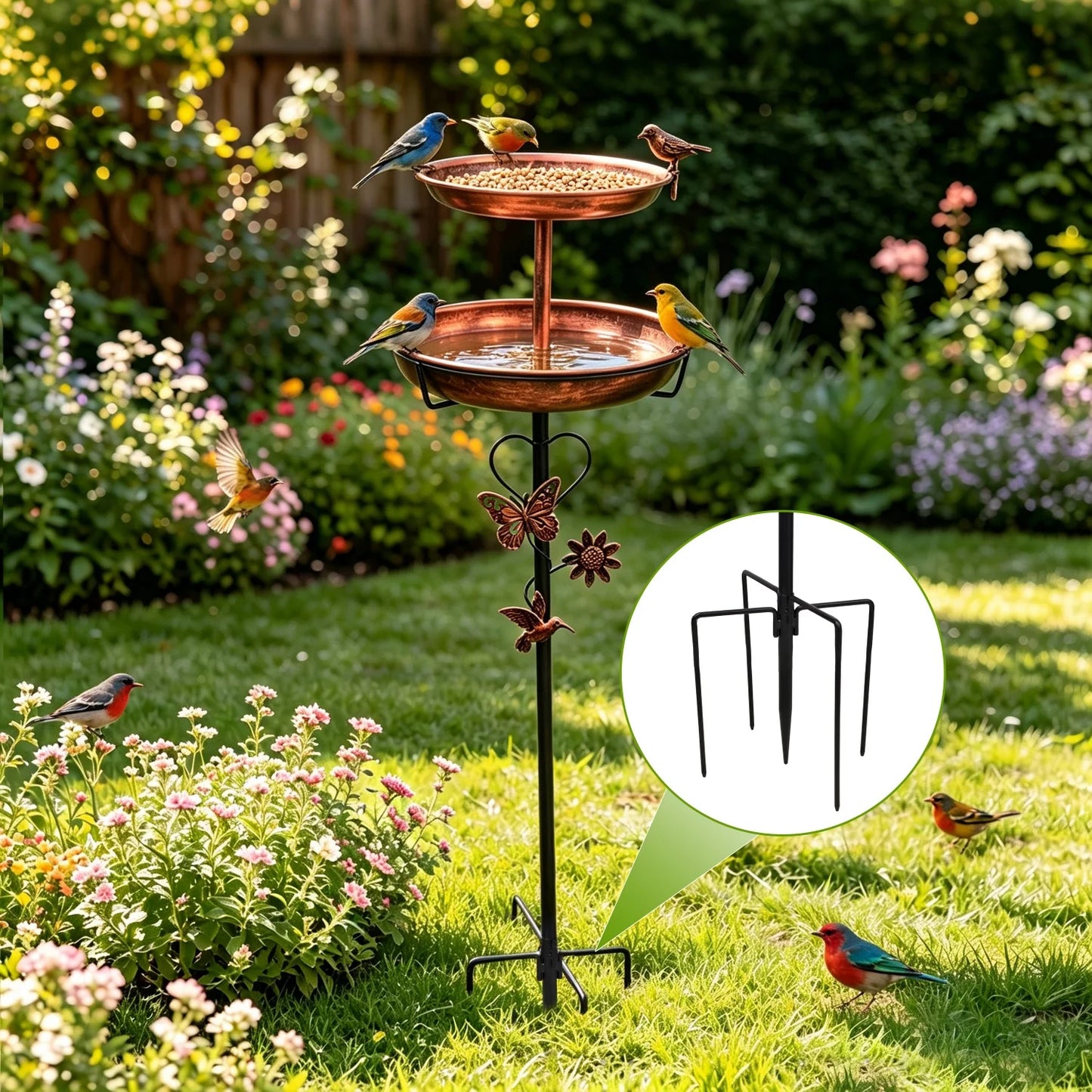 Two Tier Bird Bath Metal Garden Decor 5 Prong Base