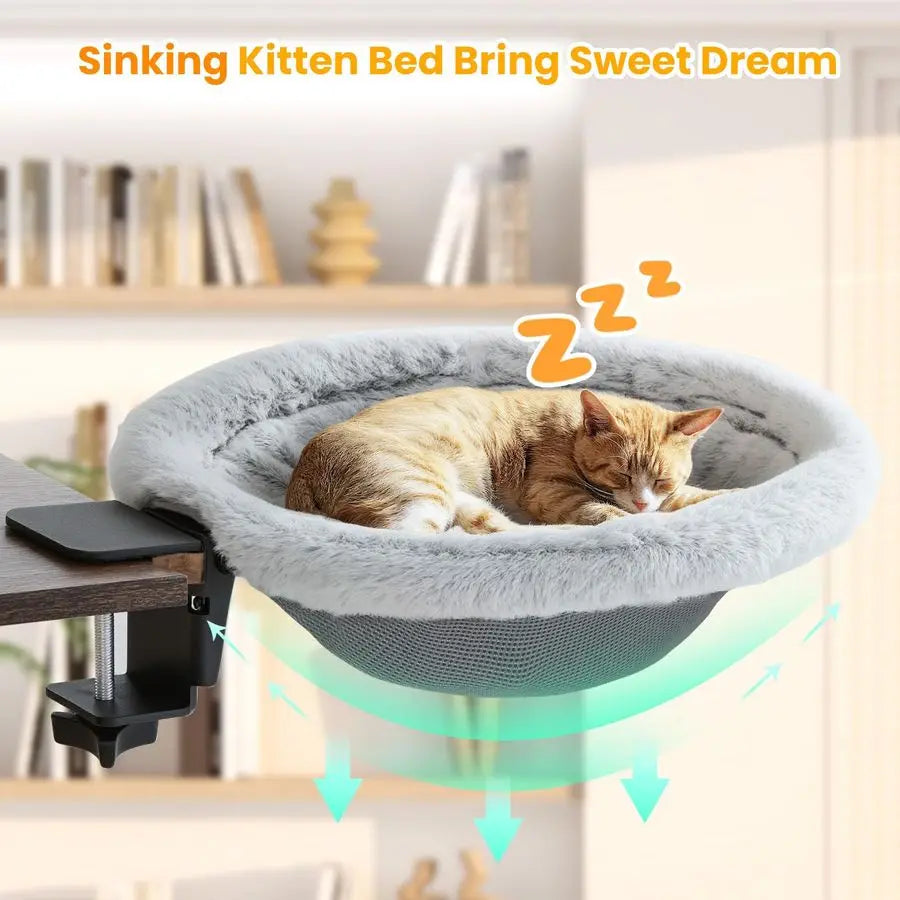Cat Desk Bed Featuring Steel Clamp Foldable Side Table