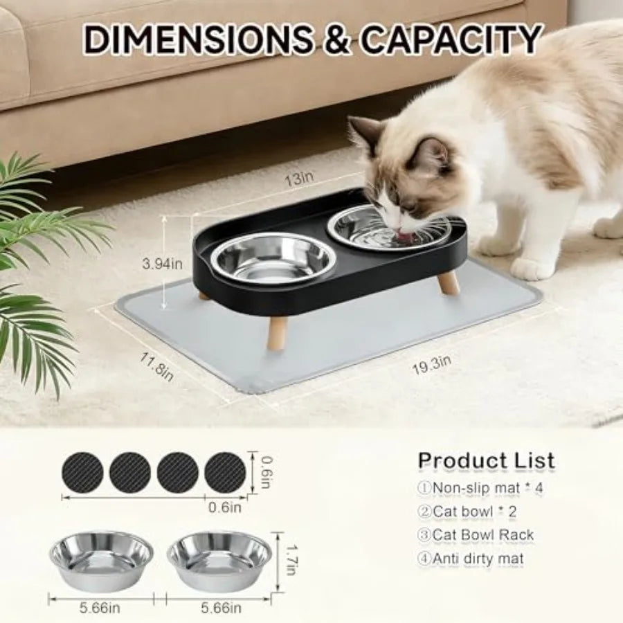 Elevated Cat Bowls With Food Mat Splash Proof Anti Vomit Set