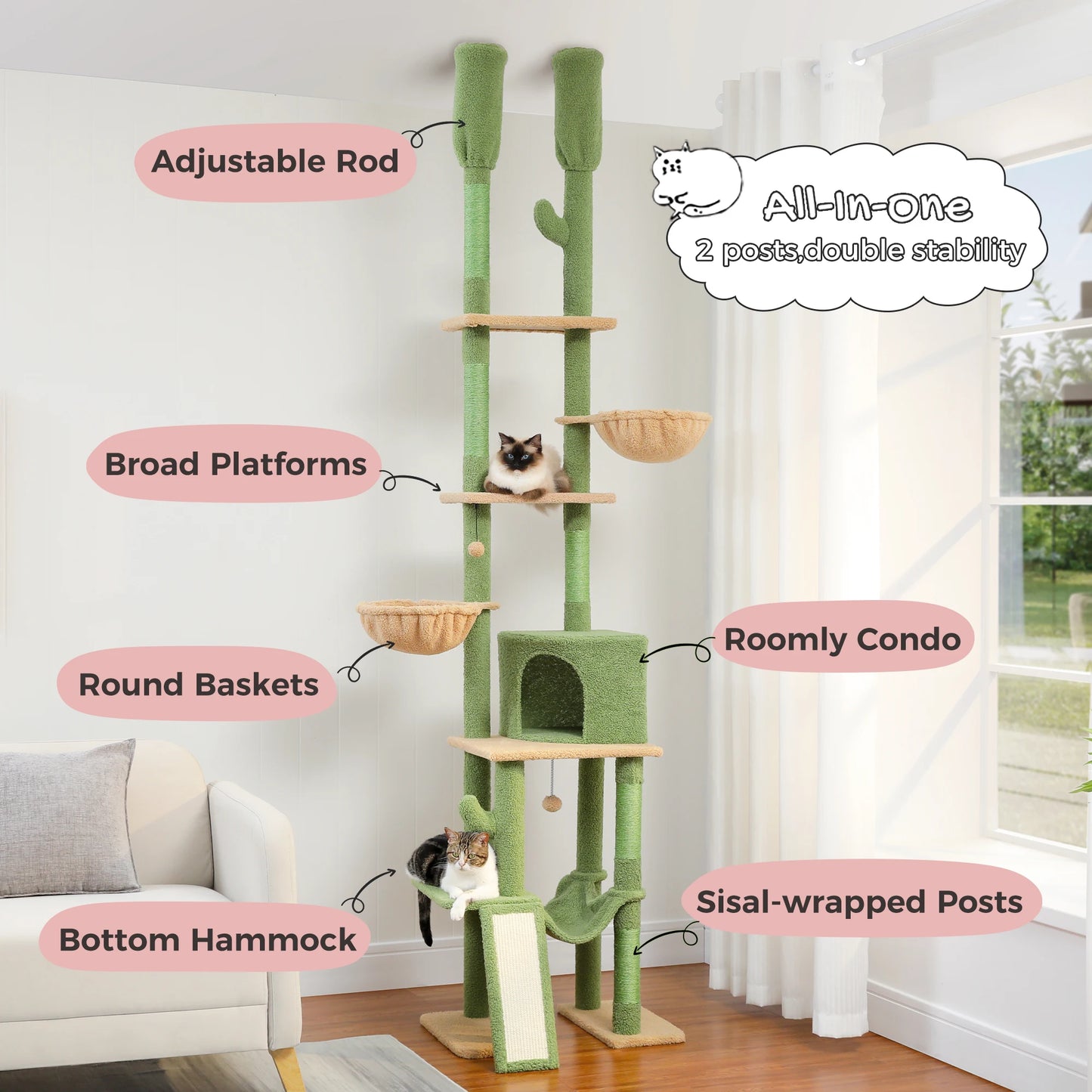 PAWZ Road Adjustable Floor to Ceiling Cat Tree With Sisal Posts