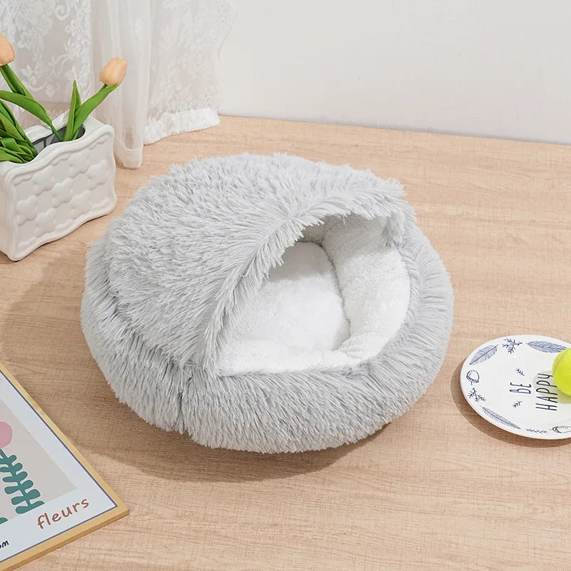 Winter Plush Round Cat Bed 2 In 1 Warm Nest For Cats