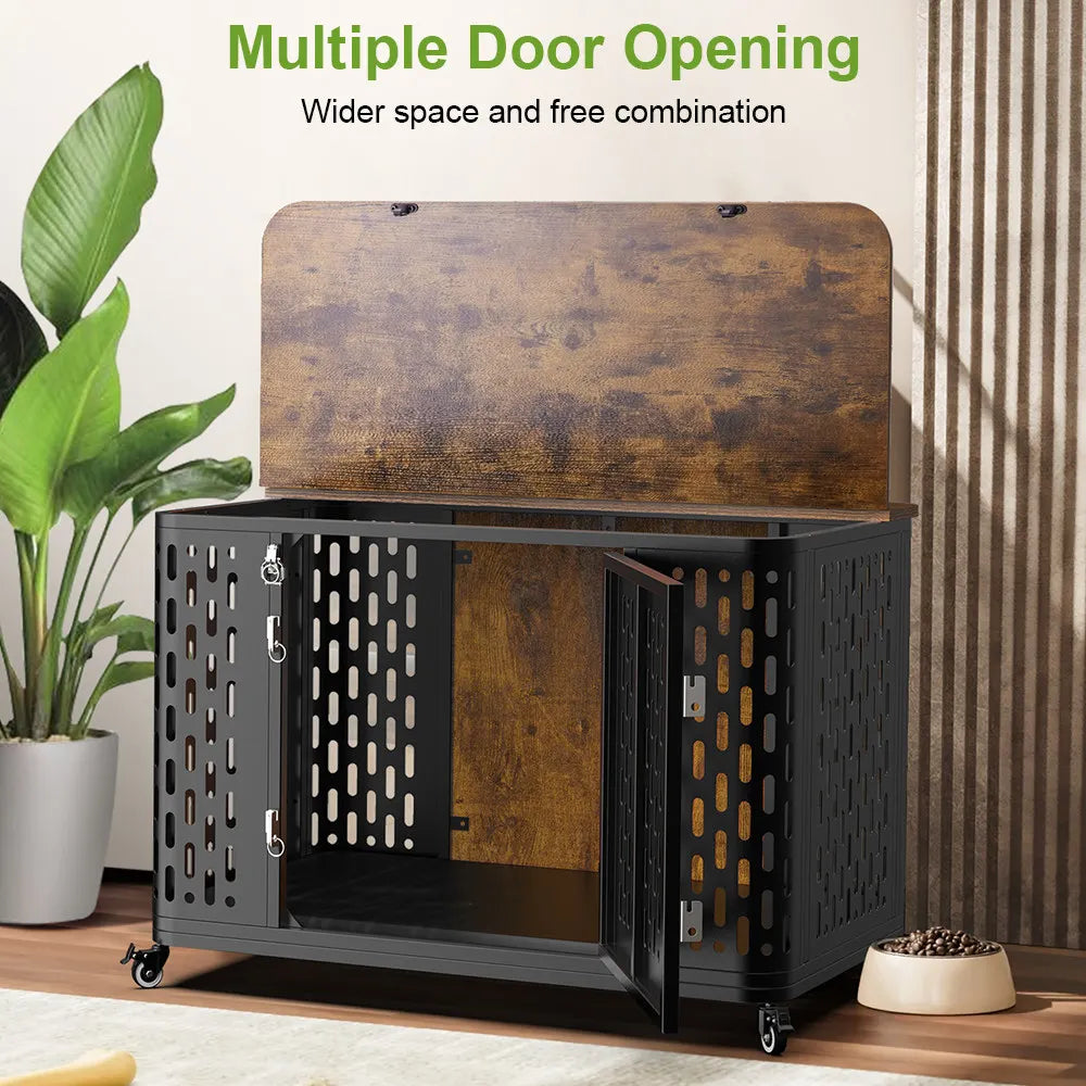ONBRILL Wood Dog Crate Kennel With Cushion And Flexible Wheels