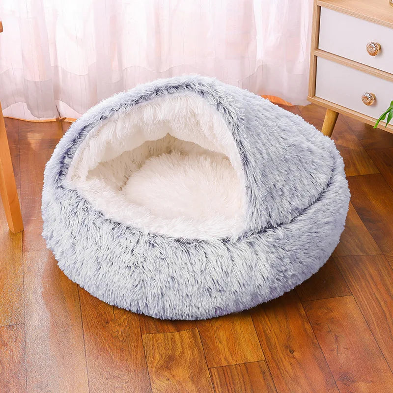 Winter Plush Round Cat Bed 2 In 1 Warm Nest For Cats
