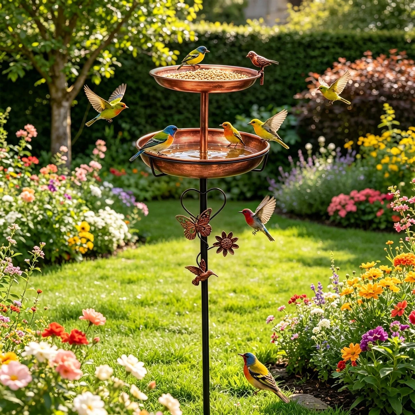 Two Tier Bird Bath Metal Garden Decor 5 Prong Base