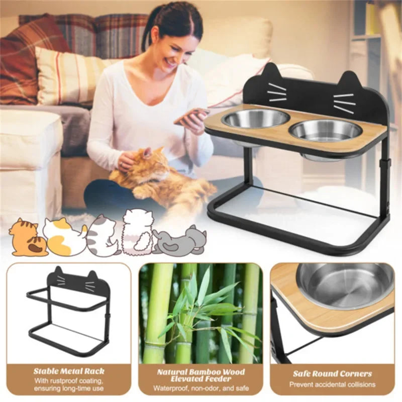 Elevated Pet Feeder With 2 Stainless Steel Bowls Adjustable Height
