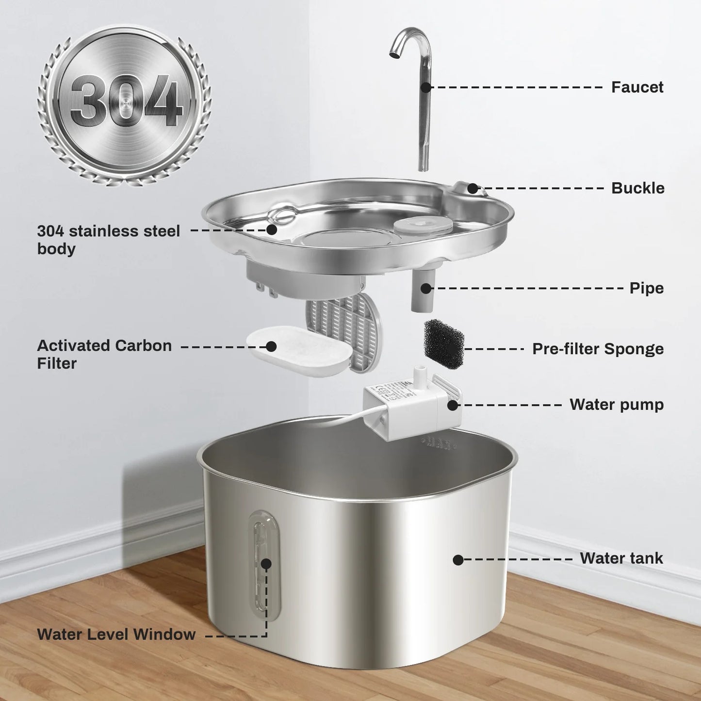 Stainless Steel Cat Water Fountain Ultra Quiet Filtration LED