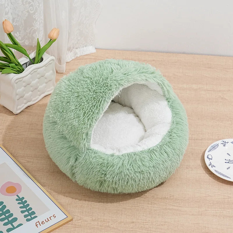 Winter Plush Round Cat Bed 2 In 1 Warm Nest For Cats