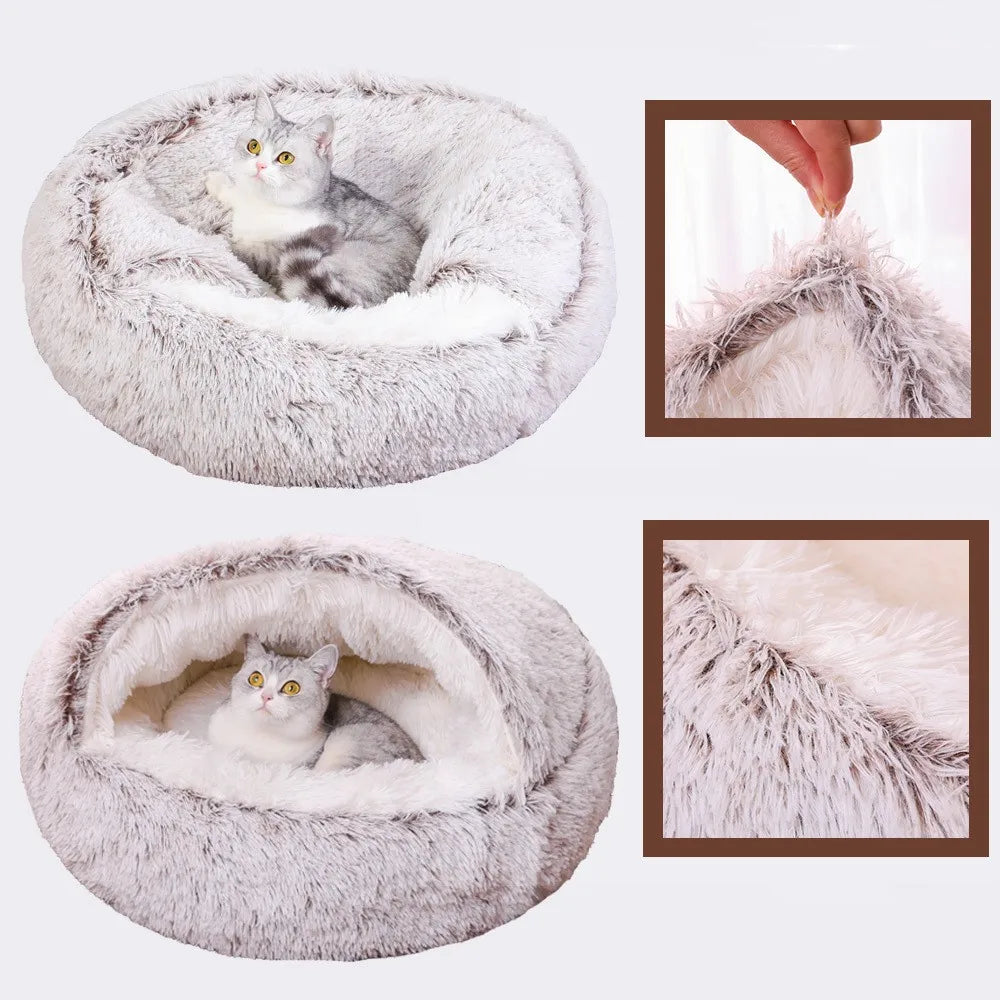 Winter Plush Round Cat Bed 2 In 1 Warm Nest For Cats