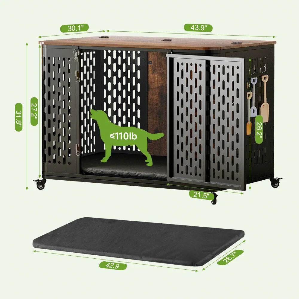 ONBRILL Wood Dog Crate Kennel With Cushion And Flexible Wheels