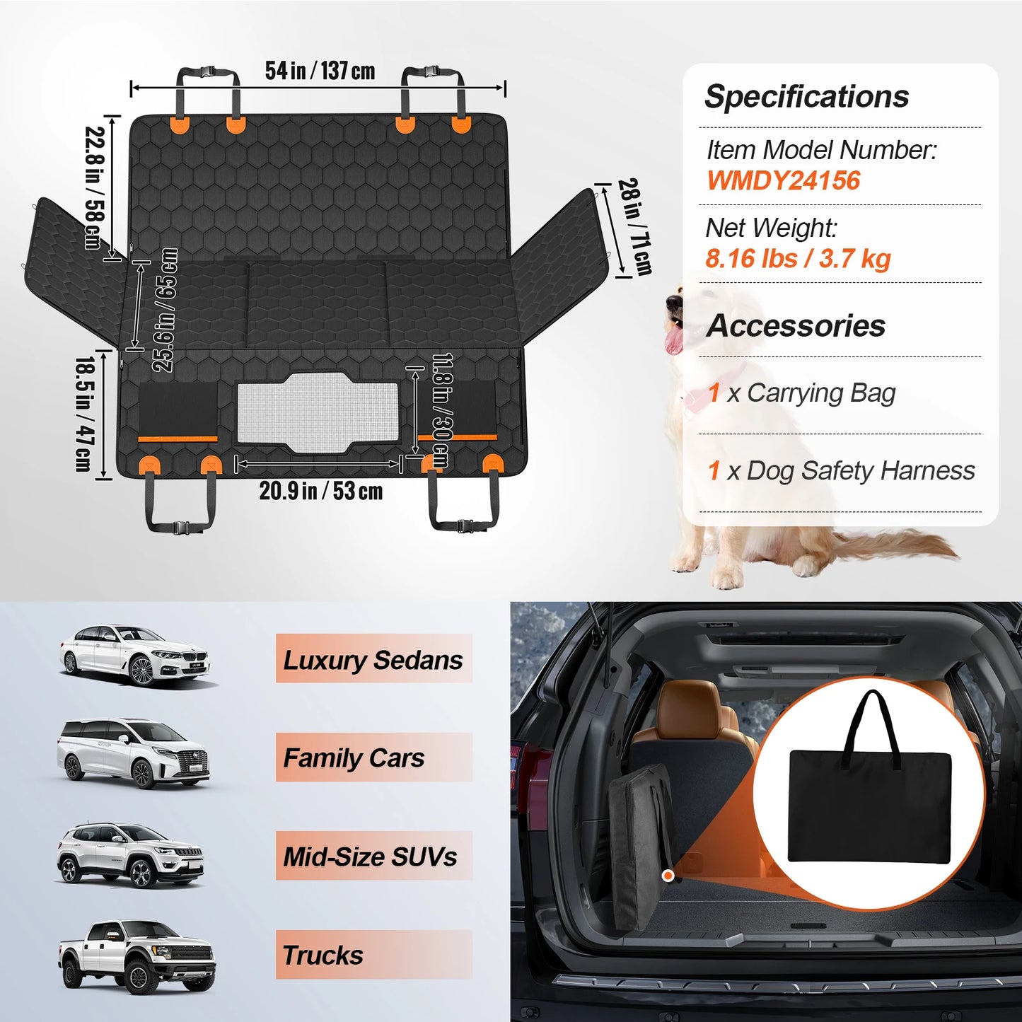 SucceBuy Back Seat Extender Hammock For Dogs With Mesh Window