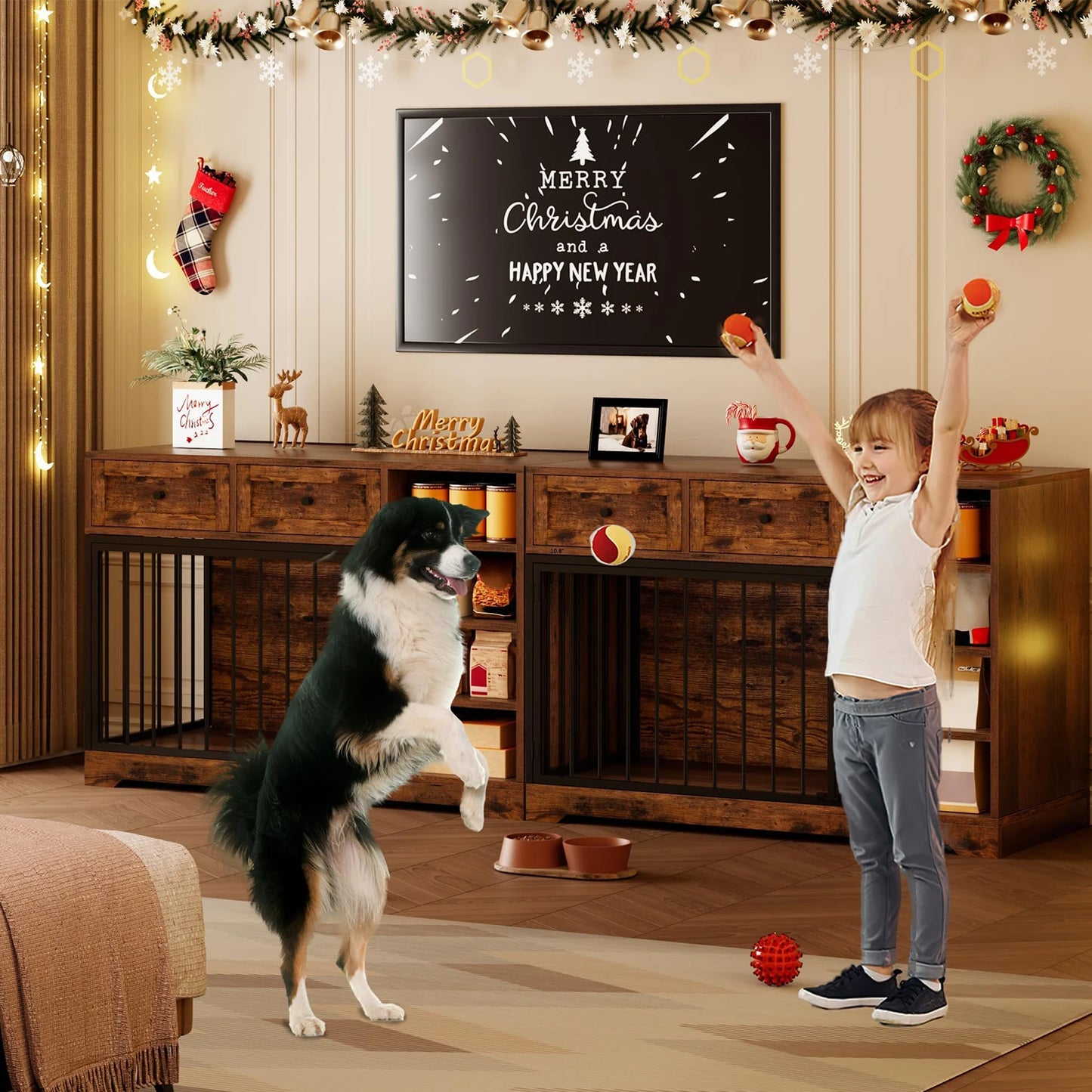 HiMISSD Dog Crate Furniture TV Stand With 2 Drawers