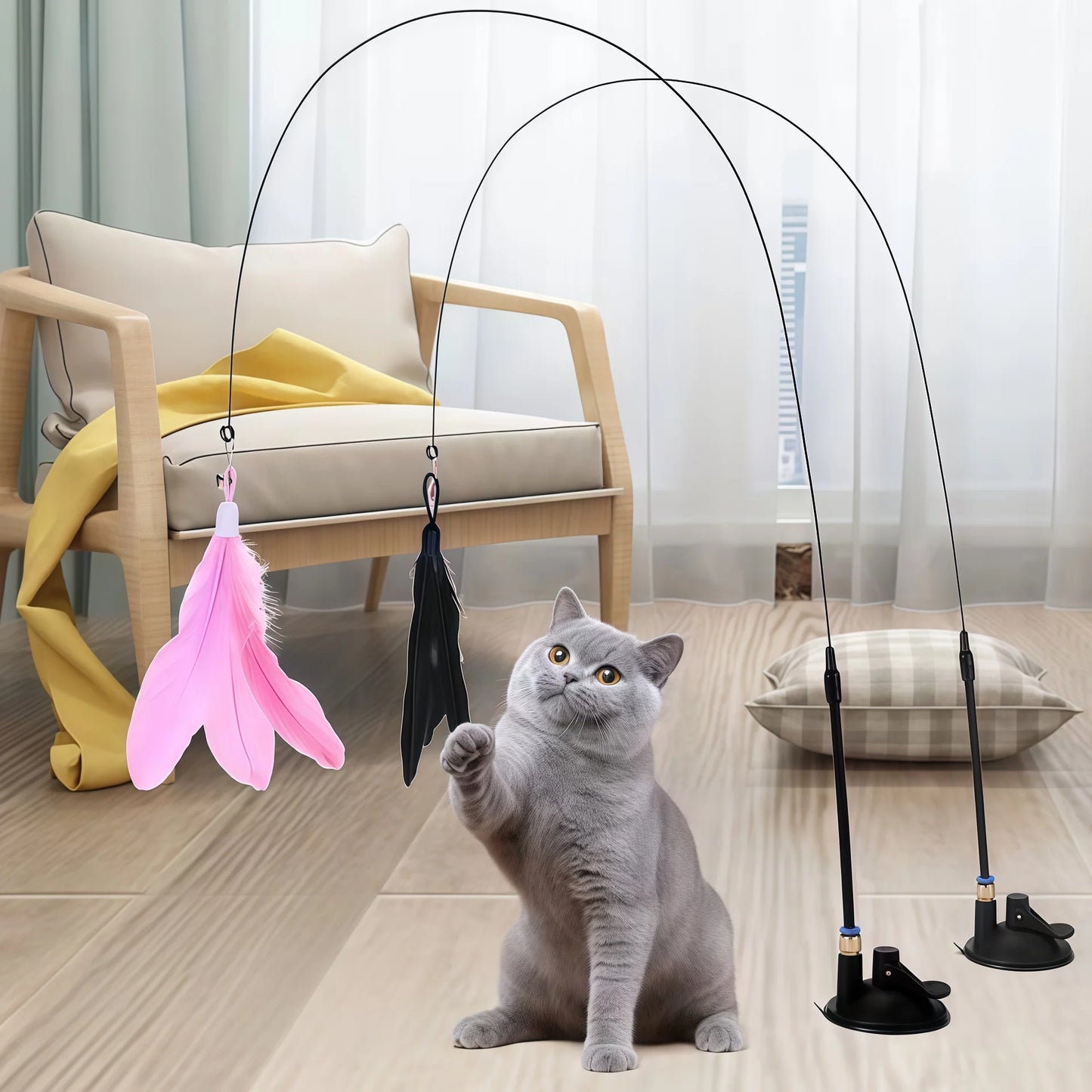 Cat Teaser Pole With Feather Bell Replaceable Head Suction Cup
