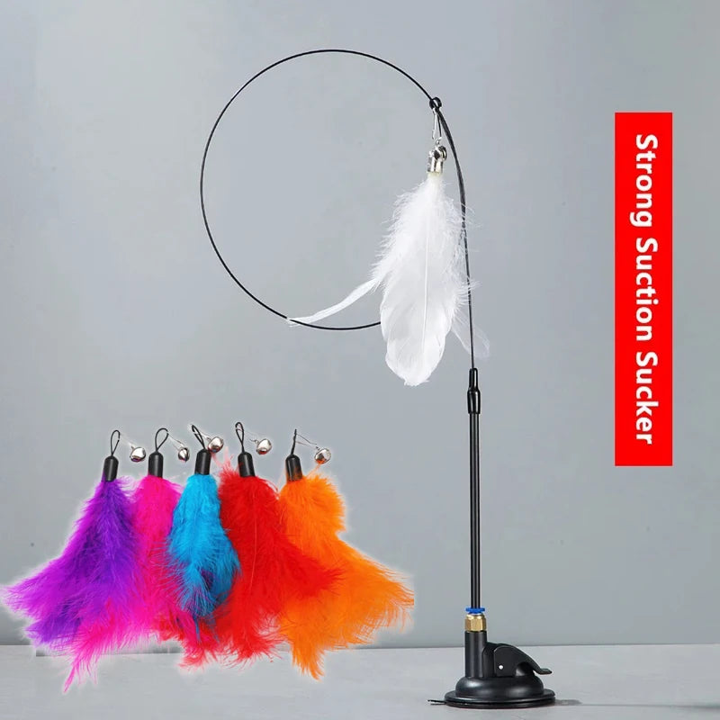 Cat Teaser Pole With Feather Bell Replaceable Head Suction Cup