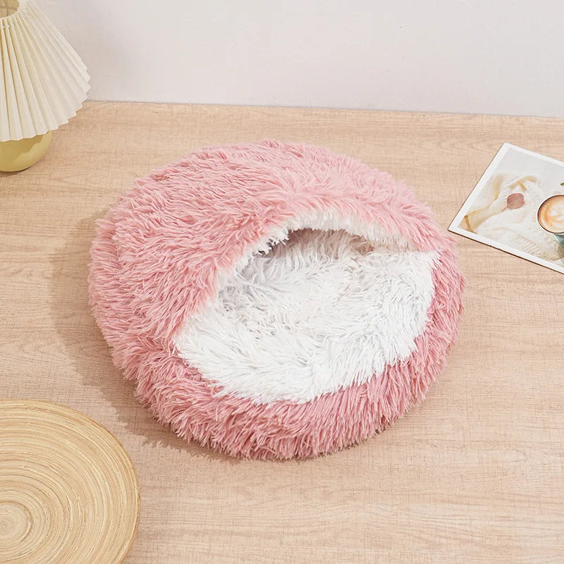 Winter Plush Round Cat Bed 2 In 1 Warm Nest For Cats