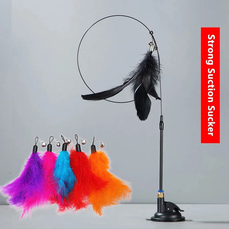Cat Teaser Pole With Feather Bell Replaceable Head Suction Cup
