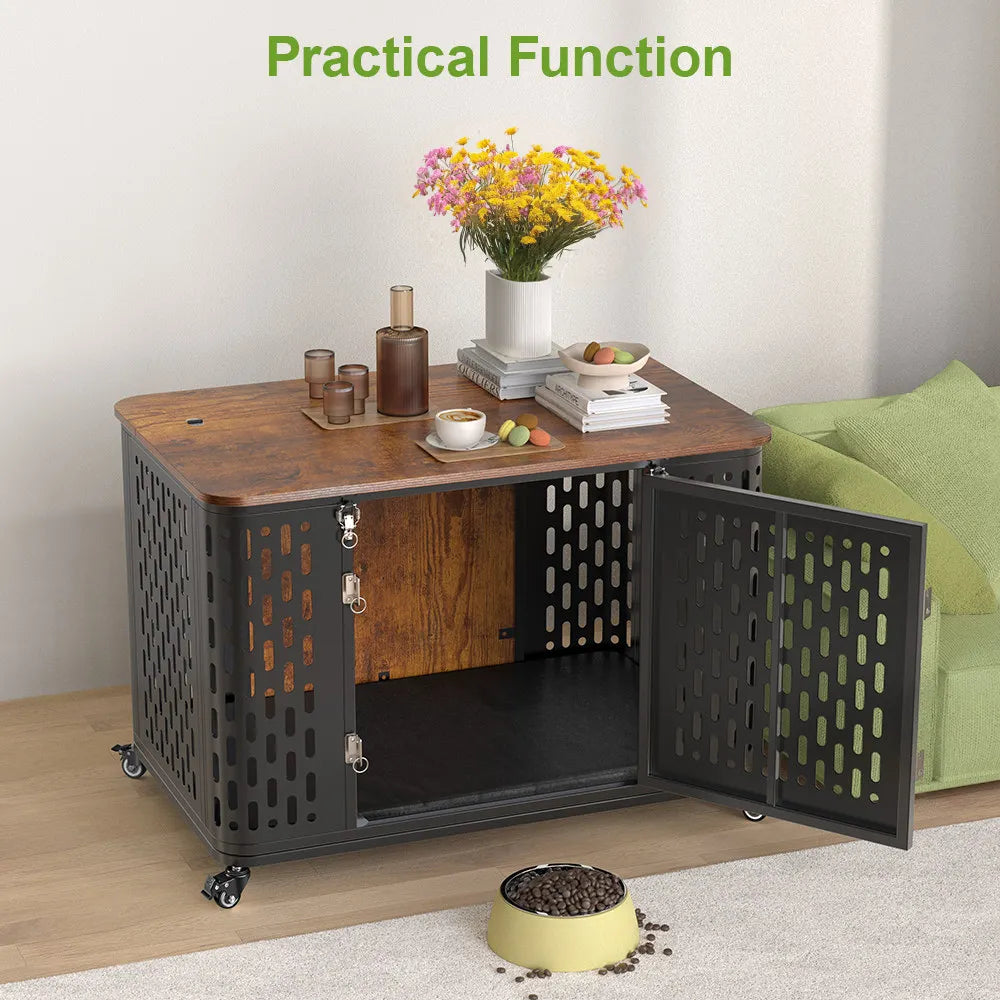 ONBRILL Wood Dog Crate Kennel With Cushion And Flexible Wheels