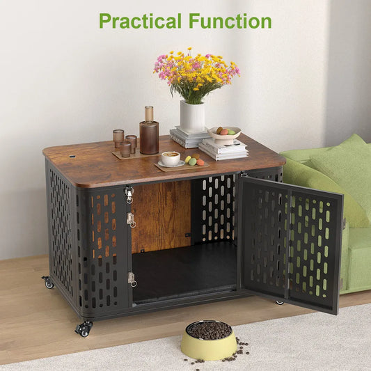 ONBRILL Wood Dog Crate Kennel With Cushion And Flexible Wheels