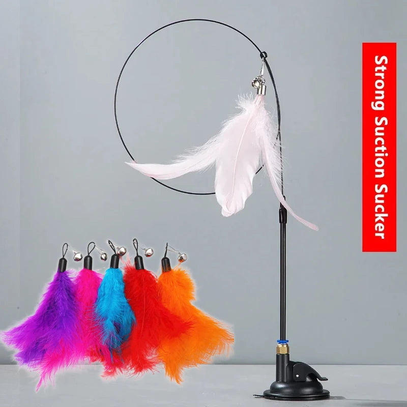 Cat Teaser Pole With Feather Bell Replaceable Head Suction Cup