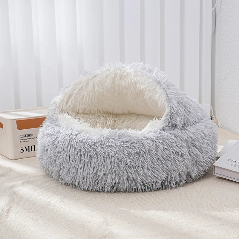 Winter Plush Round Cat Bed 2 In 1 Warm Nest For Cats
