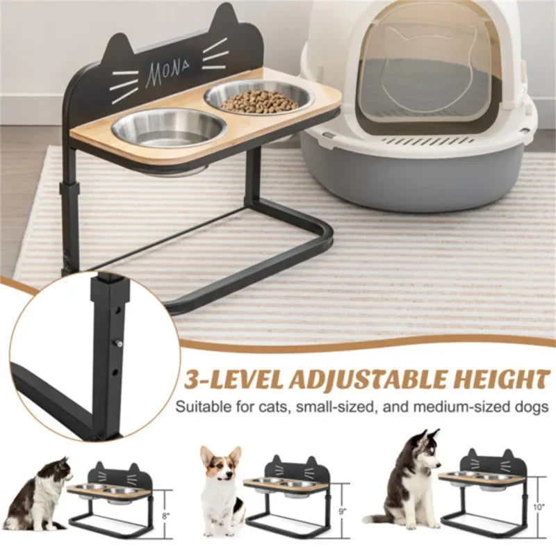 Elevated Pet Feeder With 2 Stainless Steel Bowls Adjustable Height