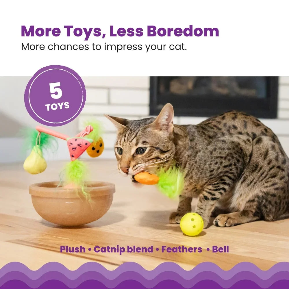 Wobbling Cat Toy Fruit Bowl With 5 Interactive Catnip Toys