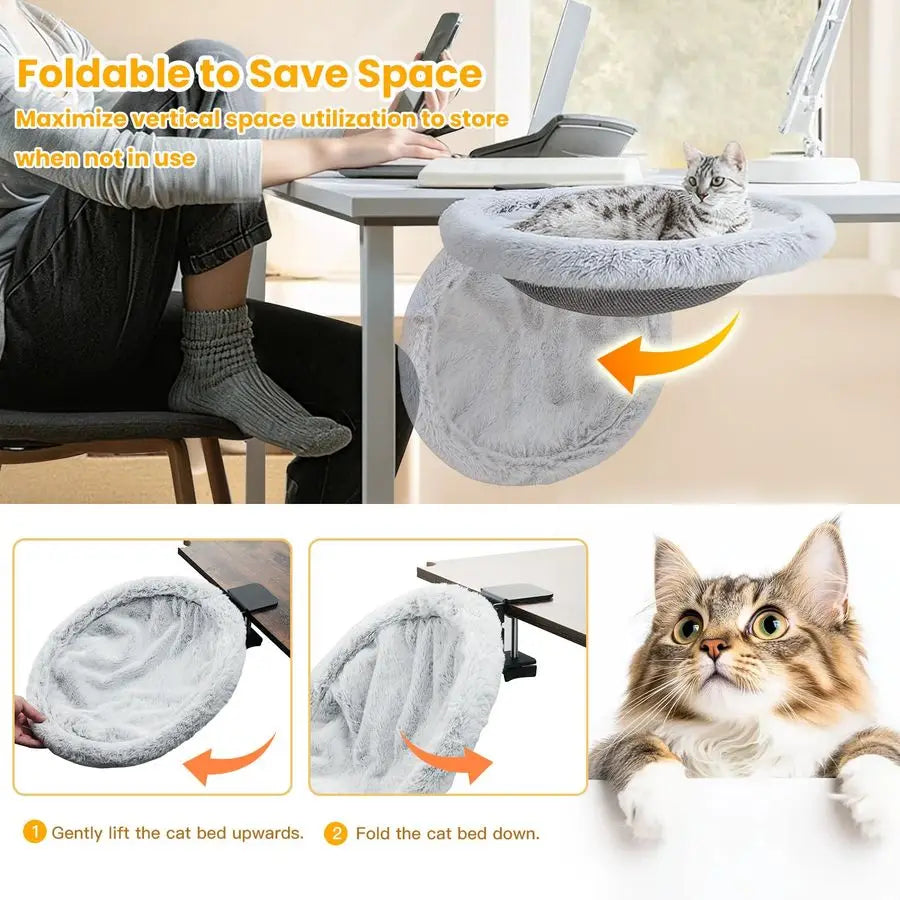 Cat Desk Bed Featuring Steel Clamp Foldable Side Table