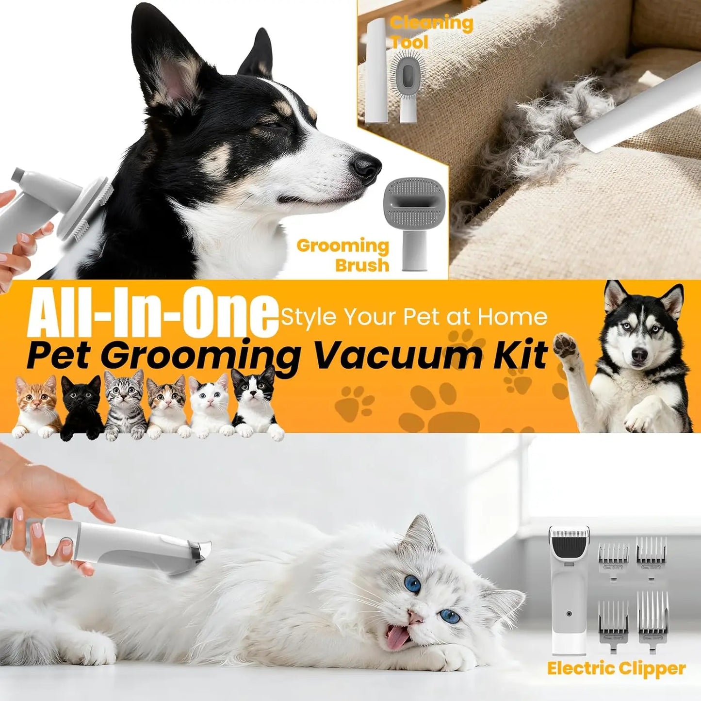 All-In-One Pet Grooming Vacuum With Hair Clipper And Shedding Brush