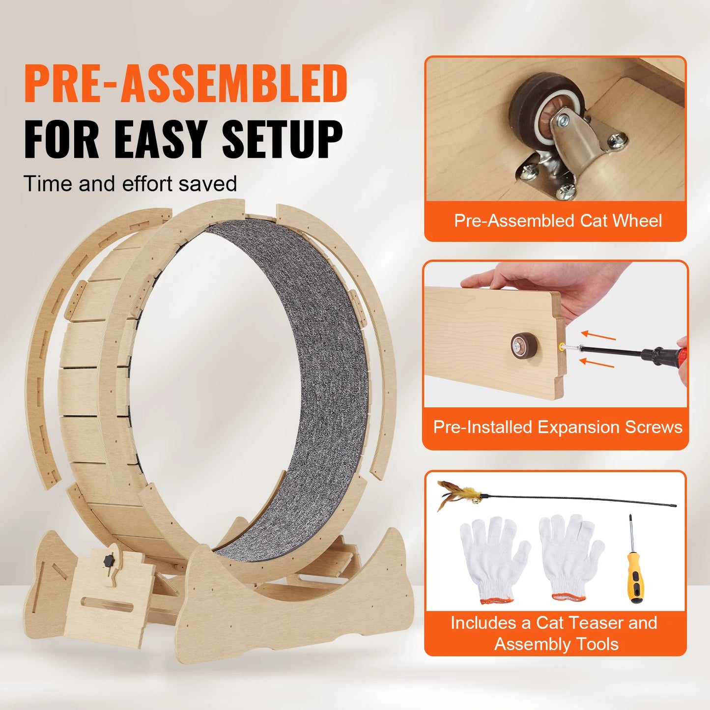 Wooden Cat Exercise Wheel With Detachable Carpet And Teaser