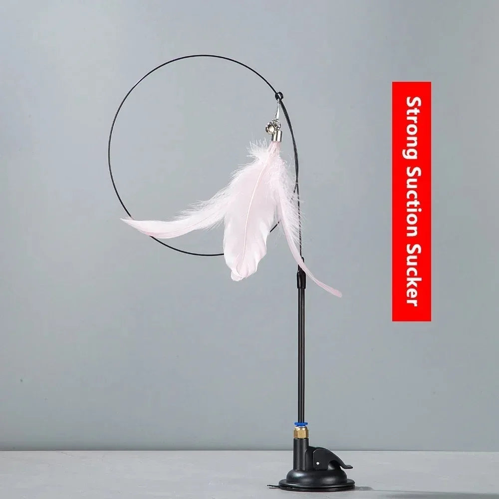 Cat Teaser Pole With Feather Bell Replaceable Head Suction Cup