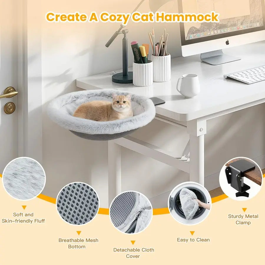 Cat Desk Bed Featuring Steel Clamp Foldable Side Table