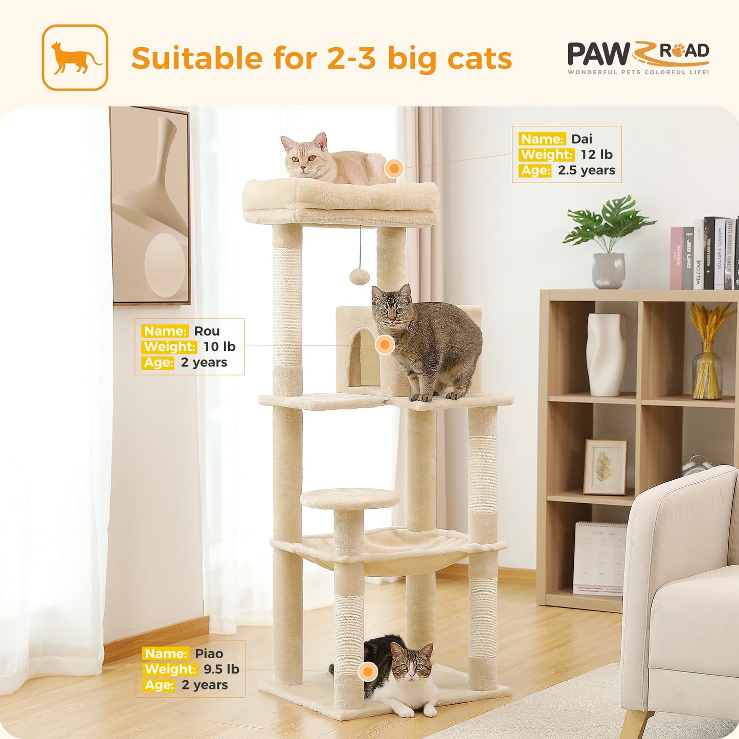 PAWZ Road Cat Tree Indoor 5 Level Tower With Hammock And Scratching Posts