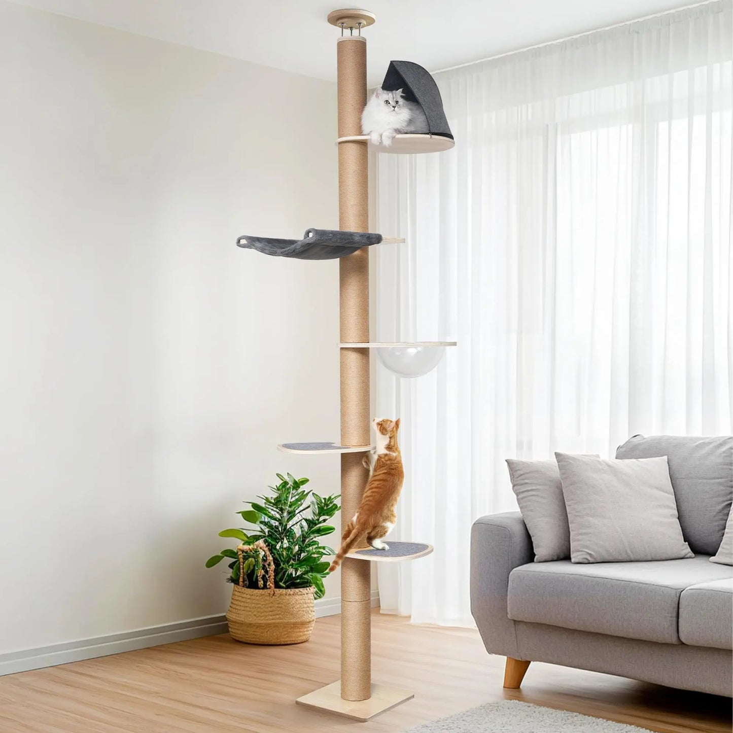 Modern Floor To Ceiling Cat Tower With Six Adjustable Tiers