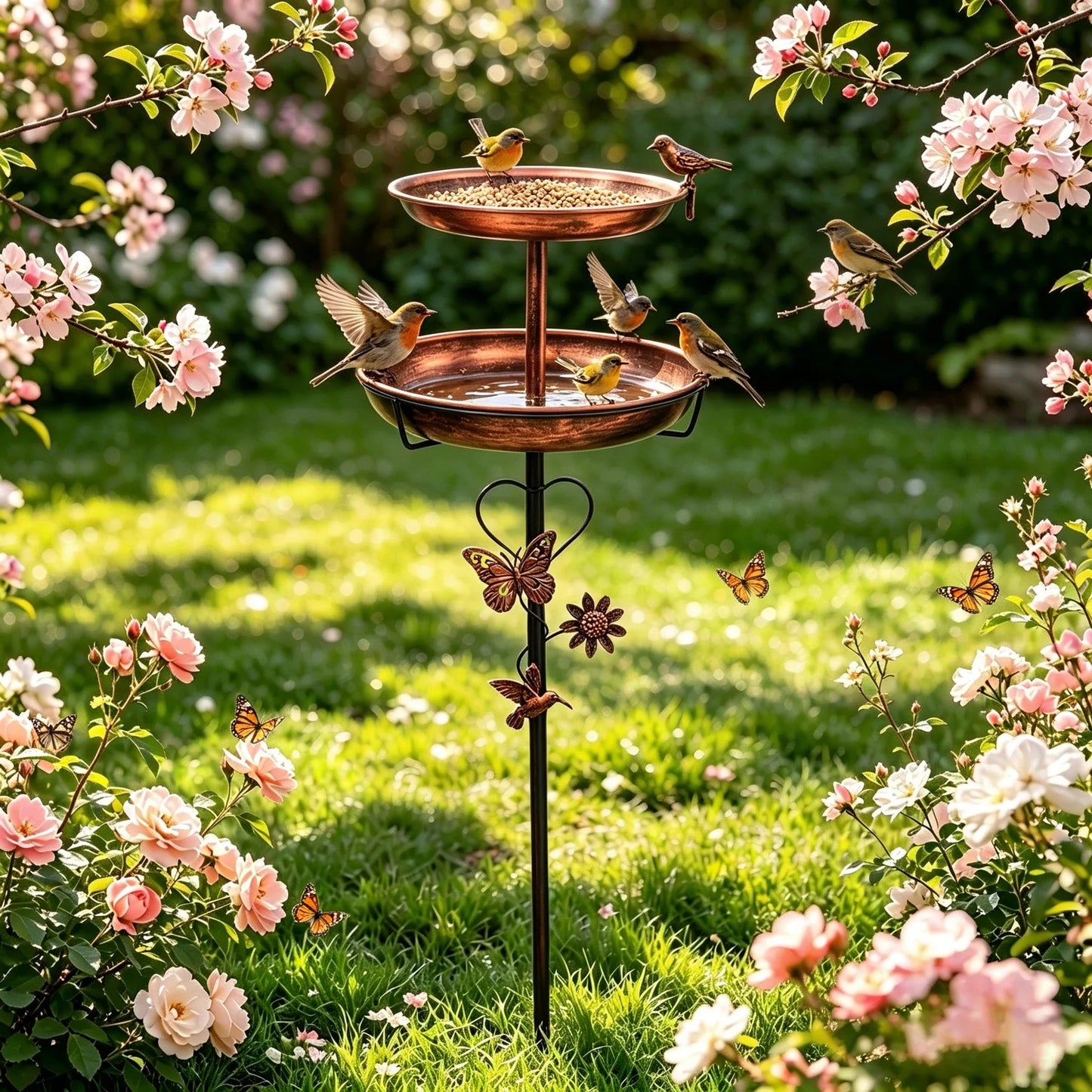 Two Tier Bird Bath Metal Garden Decor 5 Prong Base